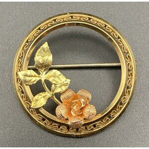Vtg Krementz Brooch/Pin 12k Gold Filled Two Tone Yellow Pink Tone Rose Floral